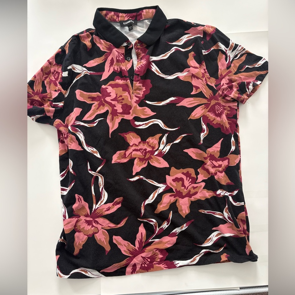 Express Black and Pink Floral Button Down Shirt